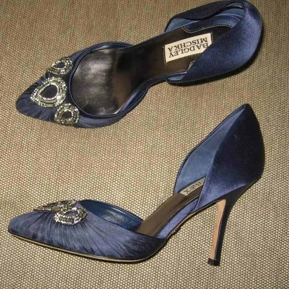 ❤️WoW BADGLEY MISCHKA Navy Satin Jeweled Pointy Toe Stiletto Evening Pumps 7